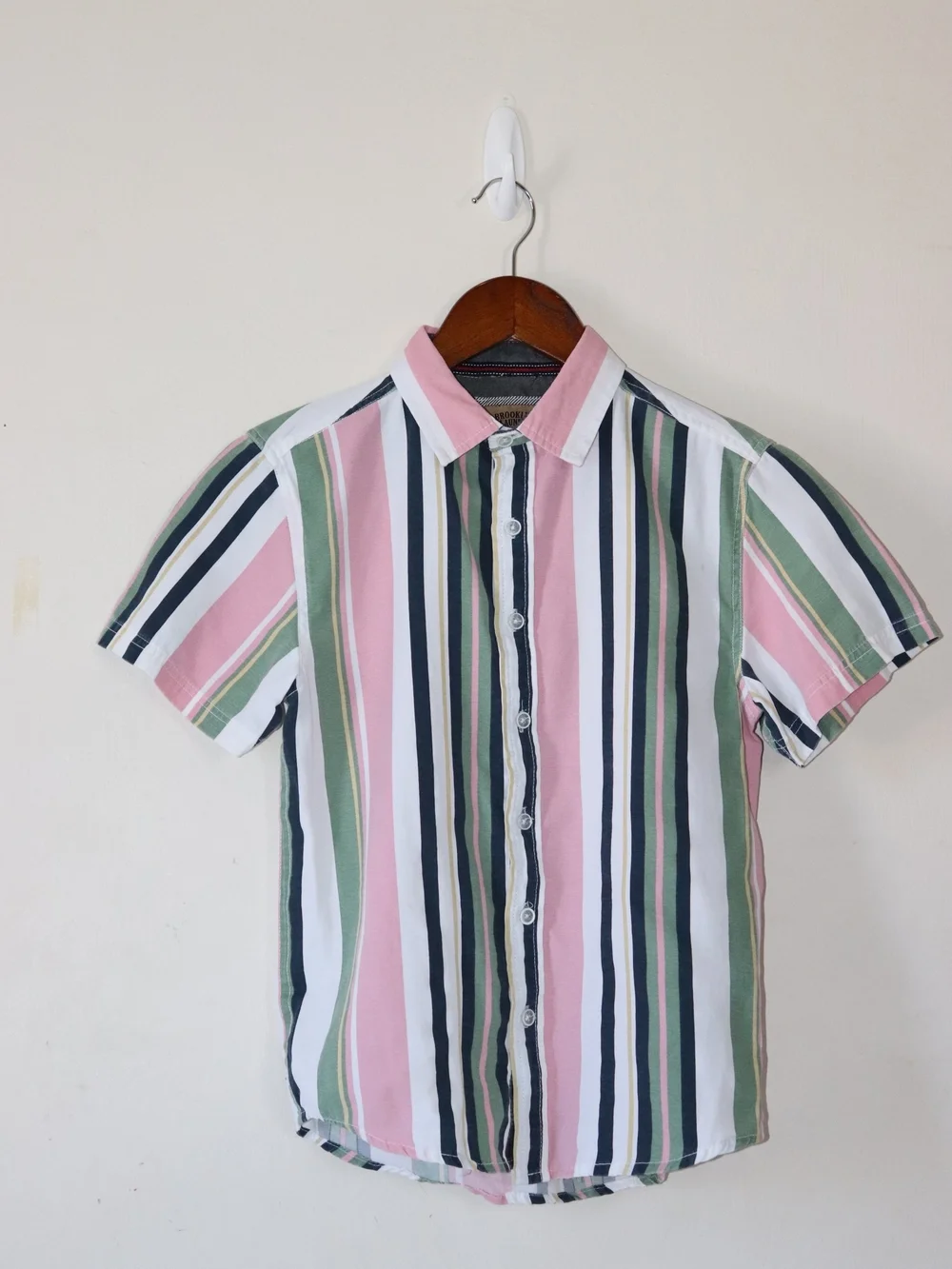 Boy's Short Sleeve Button-Up Shirt - Pink, Green & White Stripes